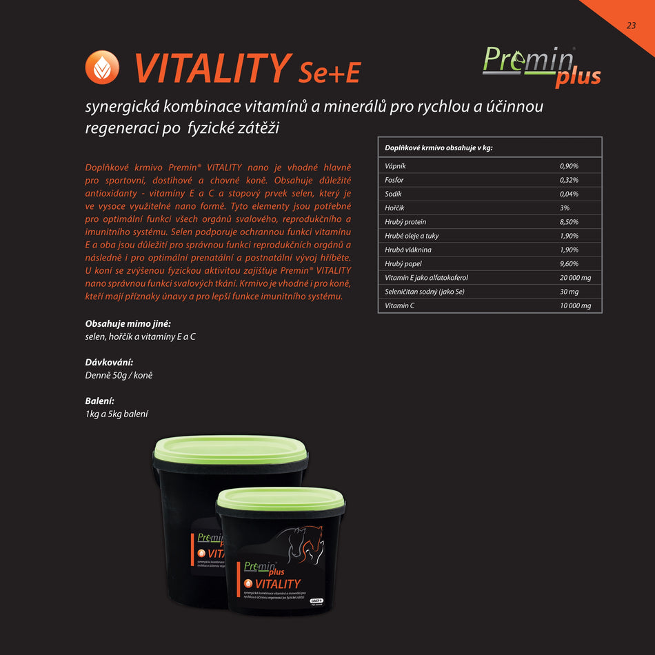 Premin® plus VITALITY Se+E GR – granulované doplňkové krmivo - synergická kombinace vitamínů a minerálů pro rychlou regeneraci po fyzické zátěži